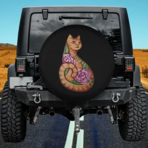 Cute orange tabby cat with pink watercolor flowers spare tire cover no camera hole