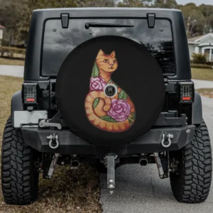 Cute orange tabby cat with pink watercolor flowers spare tire cover with camera hole