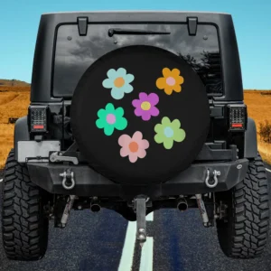 Cute pastel daisy flowers funny floral spare tire cover with no camera hole on Jeep