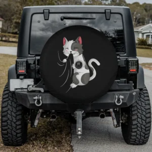 Cartoon cat spare tire cover with playful kitty scratching, backup camera hole option
