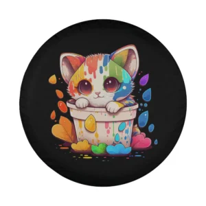 Anime style cute rainbow paint bucket cat design for custom spare tire cover