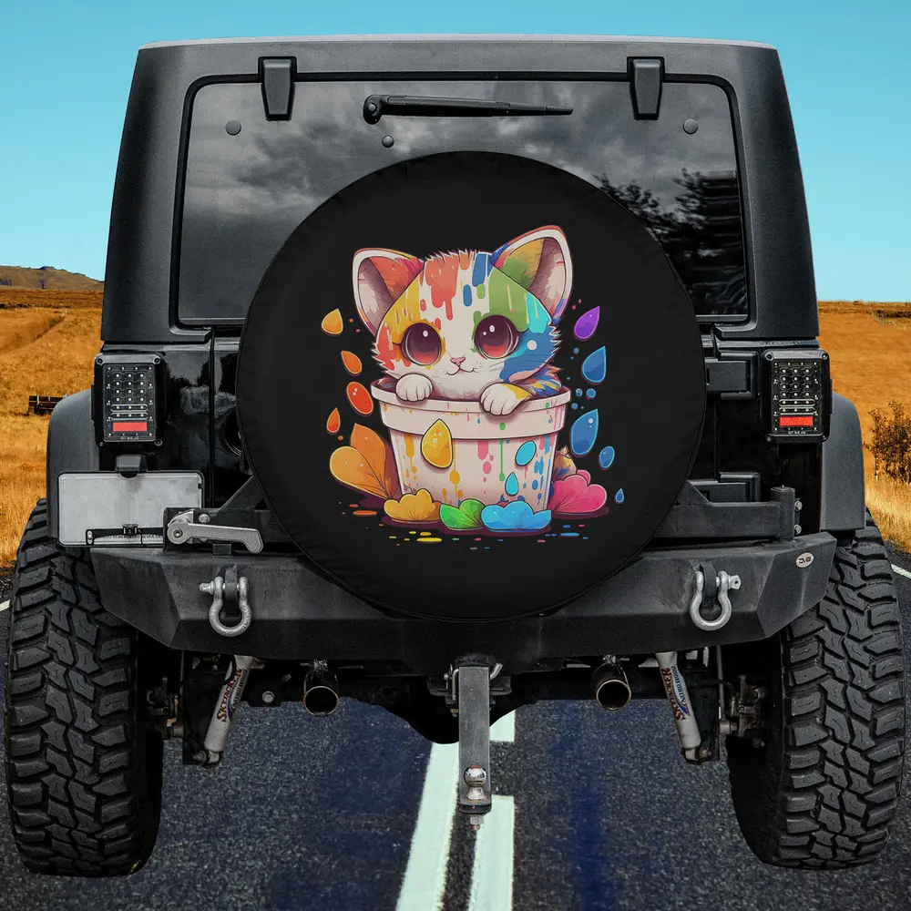 Cute rainbow paint bucket cat anime spare tire cover with no camera hole for Jeep or SUV
