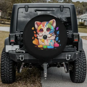 Cute rainbow paint bucket cat anime spare tire cover with backup camera hole for Jeep or RV