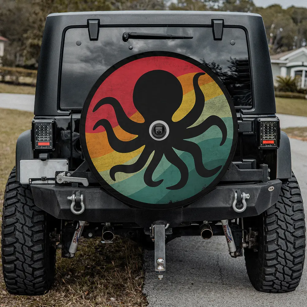 Cute sea creatures fishing minoan octopus lover spare tire cover with camera hole