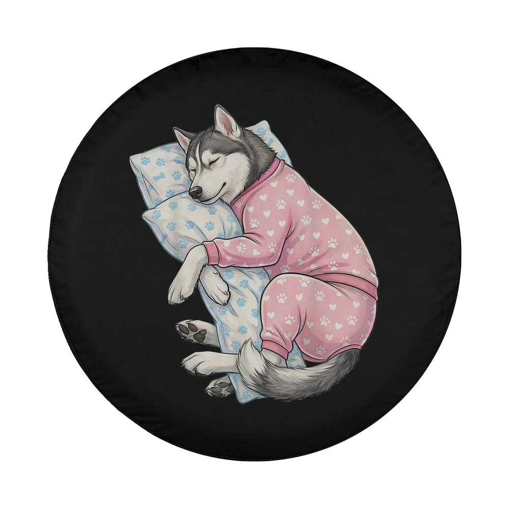 Cute Siberian Husky in pink pajamas sleeping on pillow bedtime art design only
