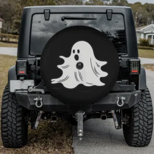 Cute spooky cartoon ghost black halloween spare tire cover with camera hole