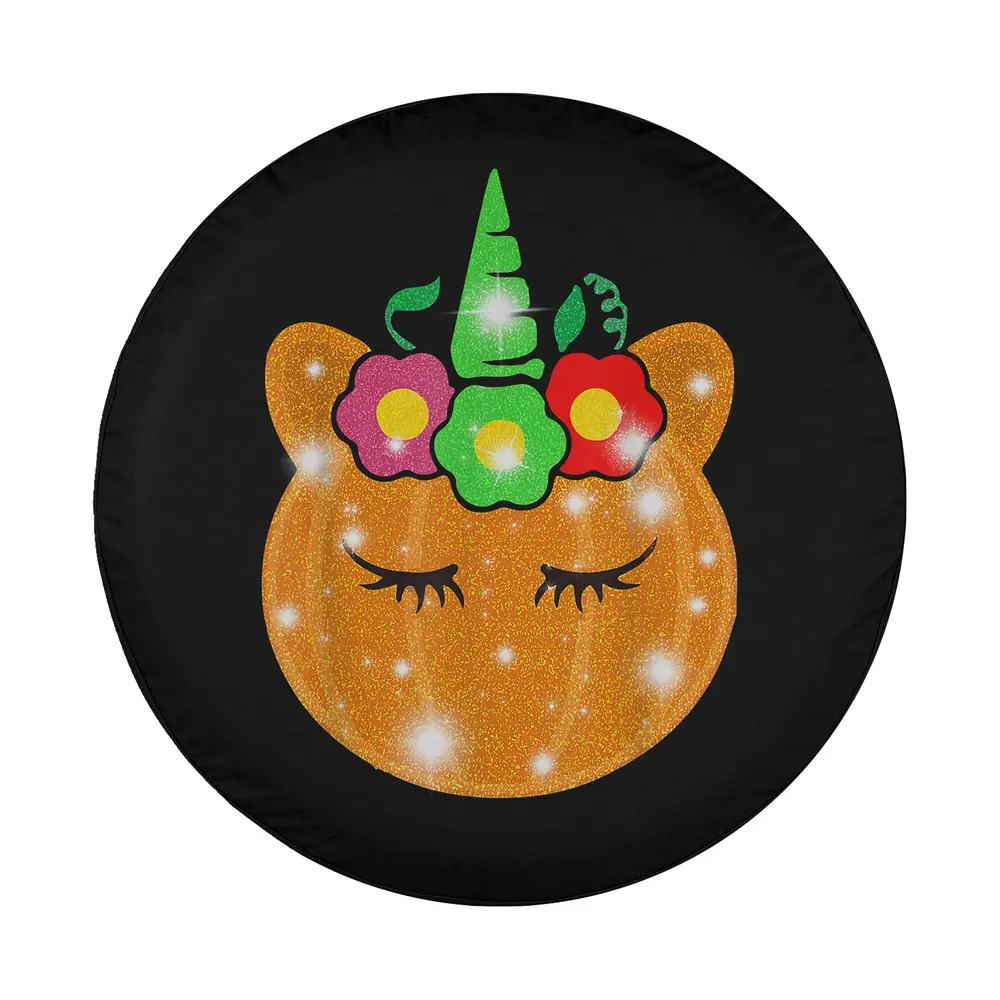 Cute unicorn pumpkin floral crown design for thanksgiving spare tire cover