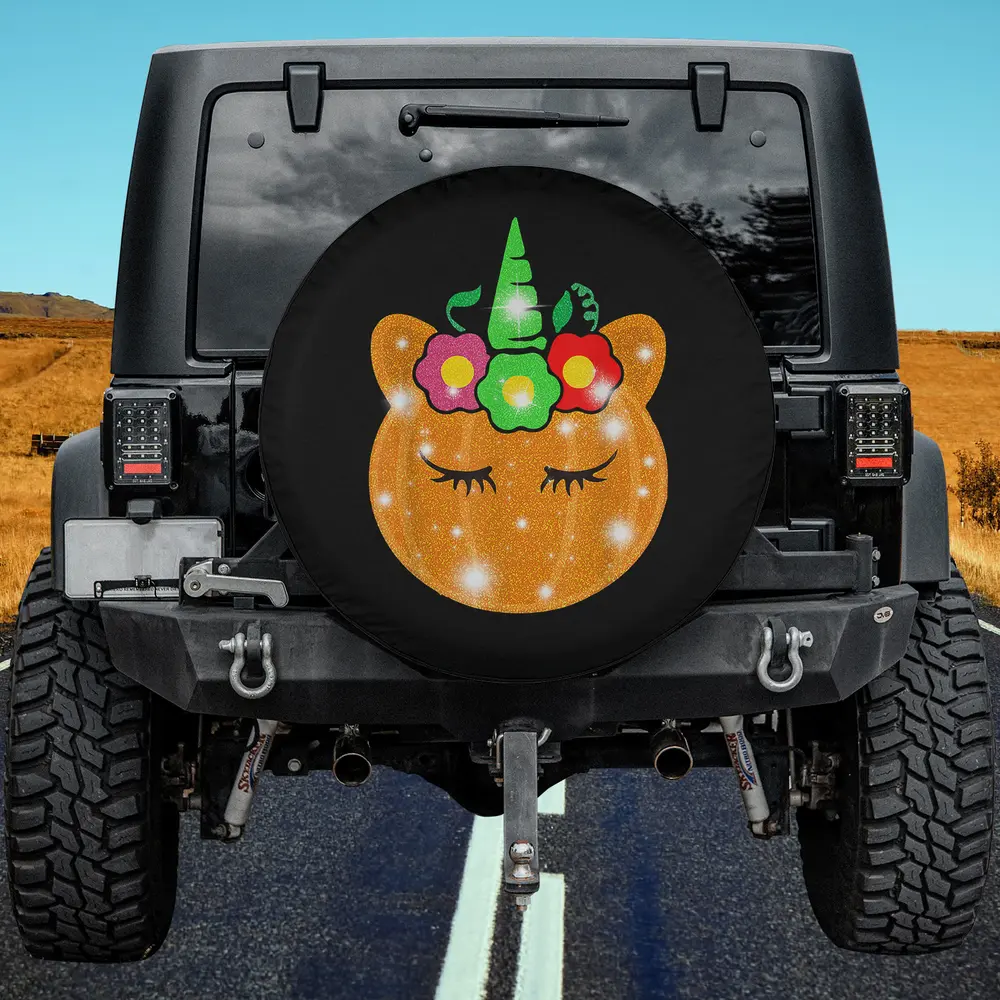 Cute unicorn pumpkin with floral crown thanksgiving spare tire cover no camera hole