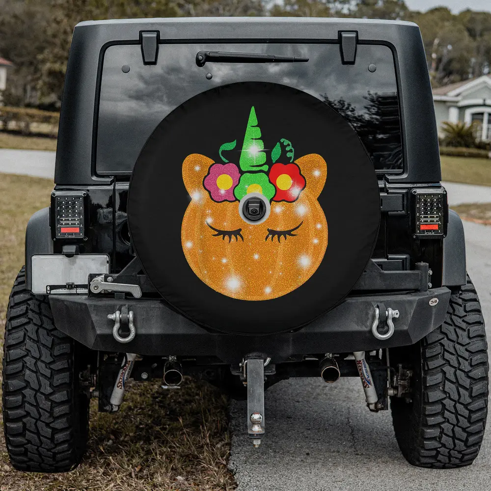 Cute unicorn pumpkin floral thanksgiving spare tire cover with backup camera hole
