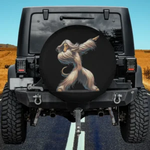 dab afghan hound dancing dabbing dog spare tire cover on Jeep in field