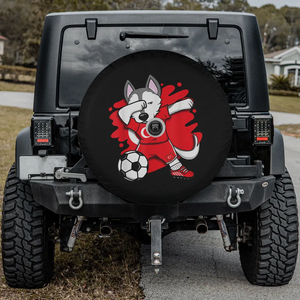 Spare tire cover with dabbing husky dog, Turkish soccer jersey, soccer ball, camera hole