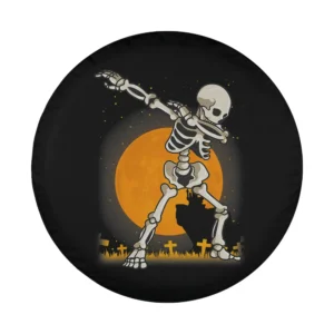 cartoon dabbing skeleton with full moon and graveyard halloween design