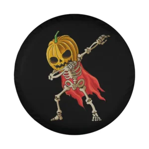 Cartoon dabbing skeleton pumpkin head with red cape Halloween tire cover design