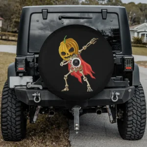 Dabbing skeleton pumpkin head red cape Halloween spare tire cover with camera hole