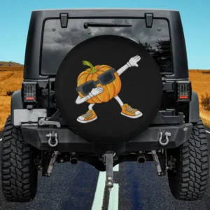 Dabbing sunglasses pumpkin cartoon thanksgiving spare tire cover with no camera hole on Jeep