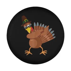 cartoon dabbing turkey with pilgrim hat thanksgiving spare tire cover design
