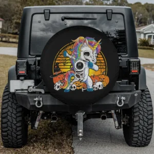 dabbing unicorn skeleton pumpkins funny halloween spare tire cover with camera hole
