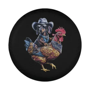 Cartoon dachshund cowboy sunglasses riding chicken dog lover tire cover art