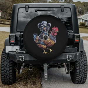 Spare tire cover with cowboy dachshund sunglasses chicken riding design and camera hole