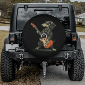 Dachshund dog electric guitar rock and roll spare tire cover with backup camera hole for Jeep