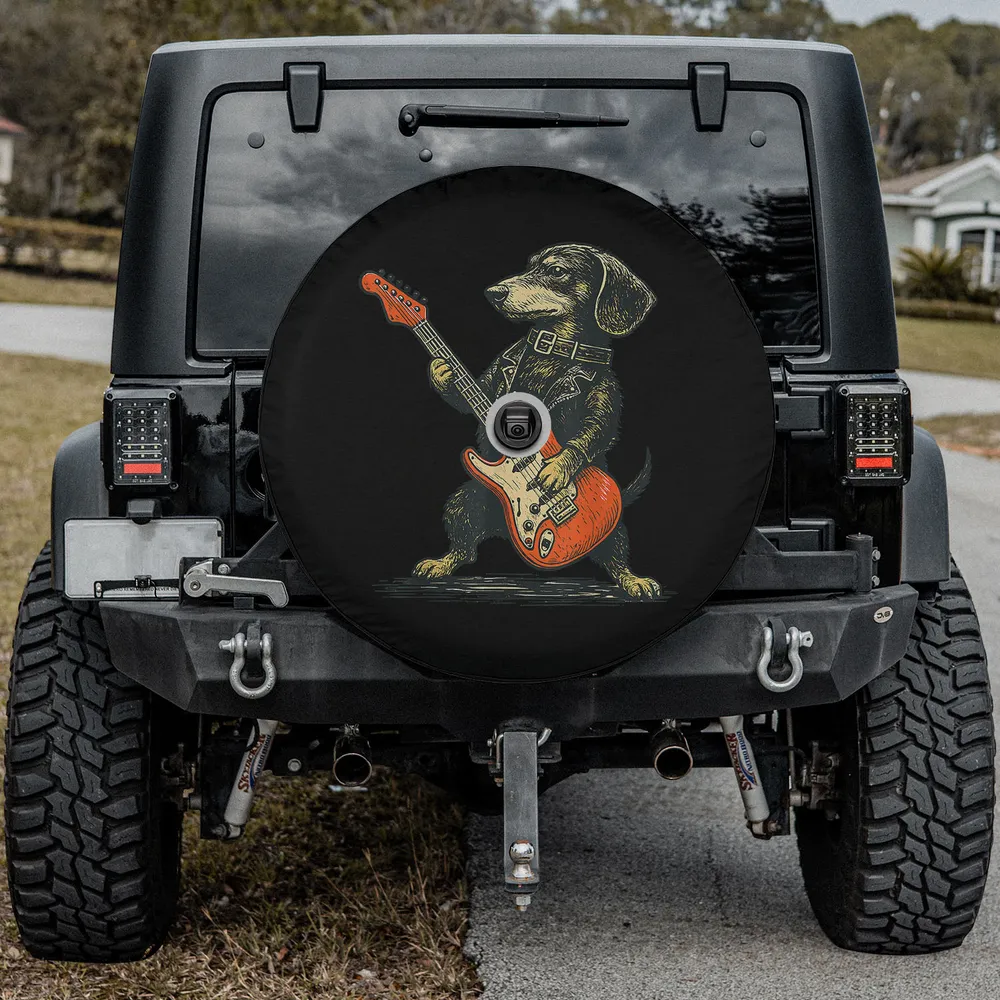 Dachshund dog electric guitar rock and roll spare tire cover with backup camera hole for Jeep