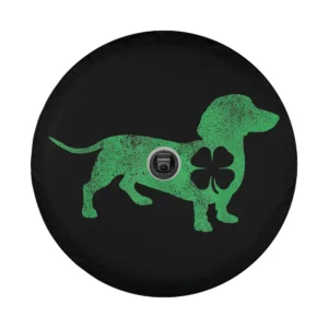 Distressed green dachshund and shamrock St. Patrick's Day tire cover graphic