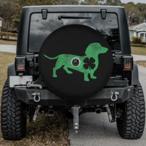 Distressed green dachshund shamrock St. Patrick's Day spare tire cover with camera hole