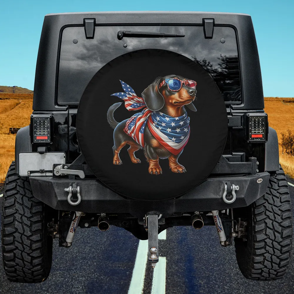 Dachshund dog with sunglasses and American flag bandana patriotic spare tire cover no camera hole