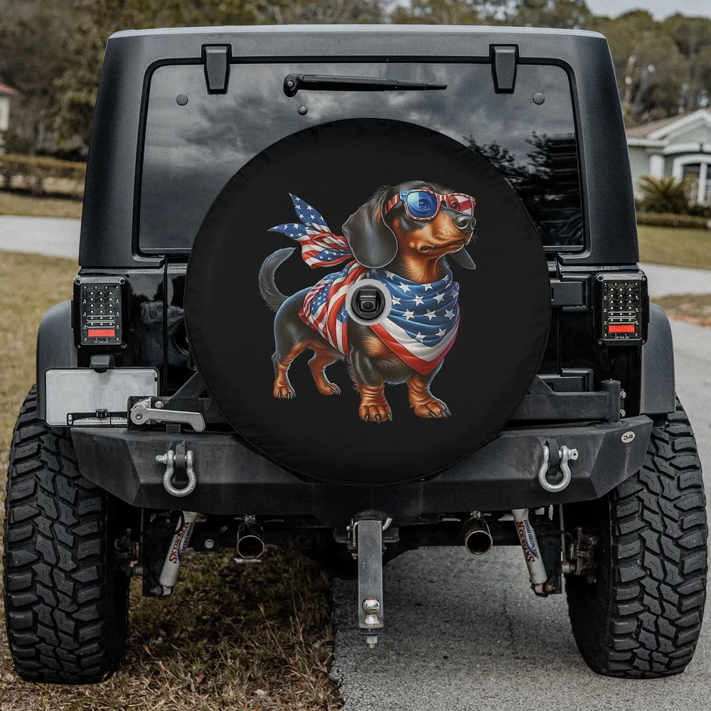 Dachshund dog sunglasses American flag bandana patriotic spare tire cover with camera hole