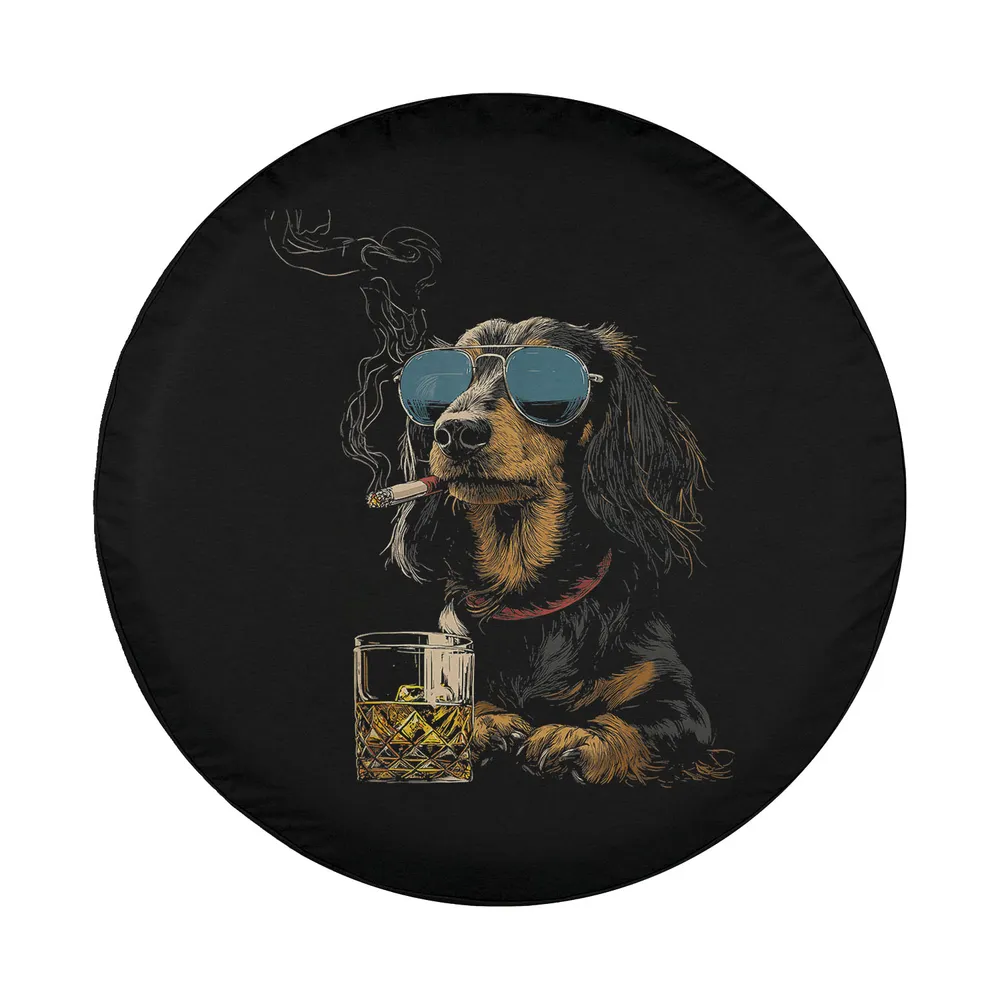 Funny dachshund dog sunglasses whisky cigarette spare tire cover illustration