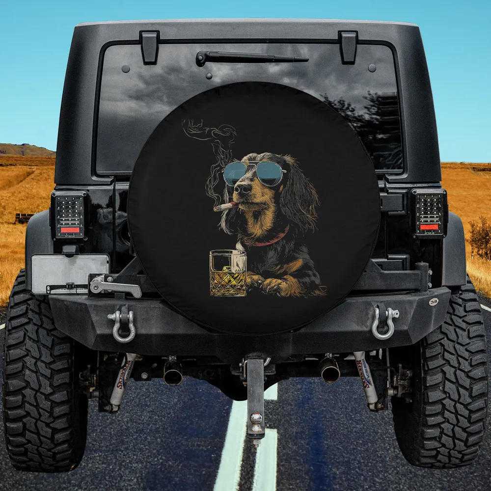 Dachshund with sunglasses, whisky glass, and cigarette funny spare tire cover no camera hole