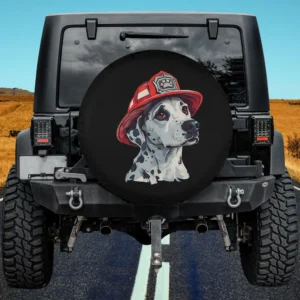 Dalmatian dog in firefighter hat firehouse dog spare tire cover no camera hole