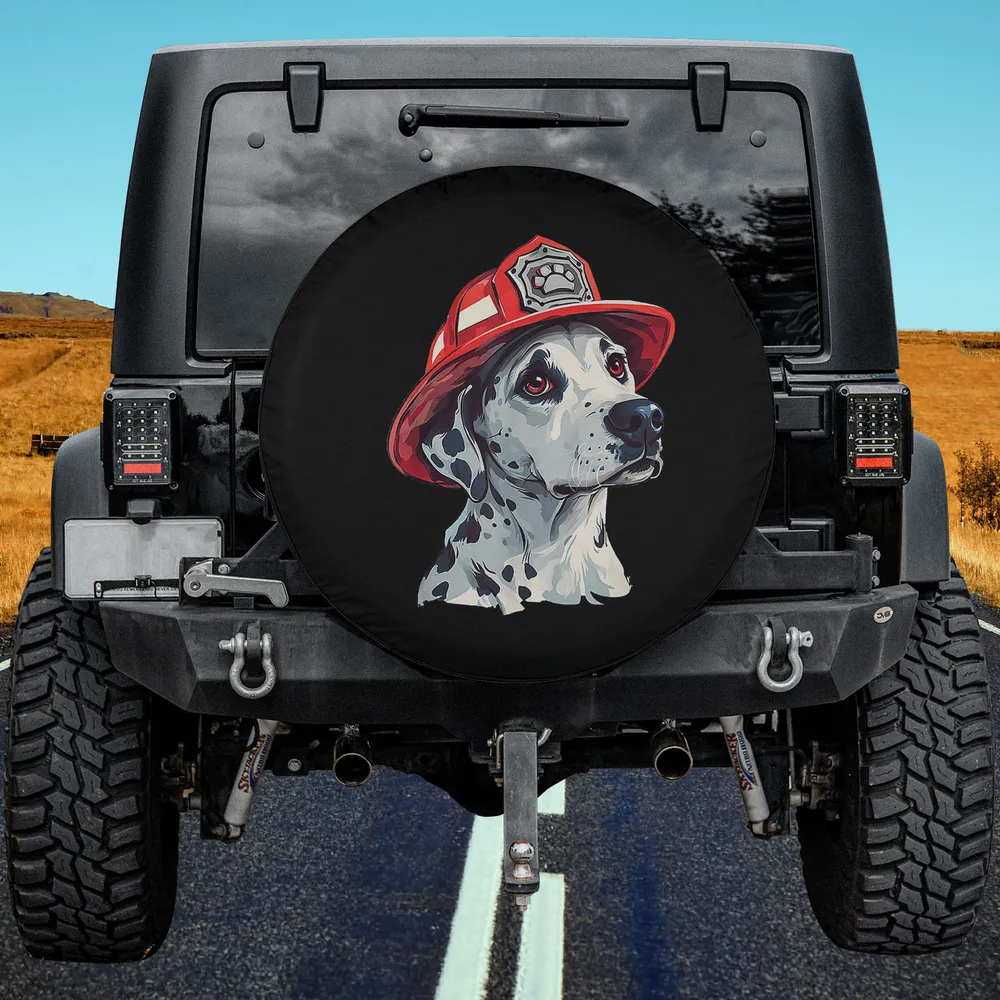Dalmatian dog in firefighter hat firehouse dog spare tire cover no camera hole