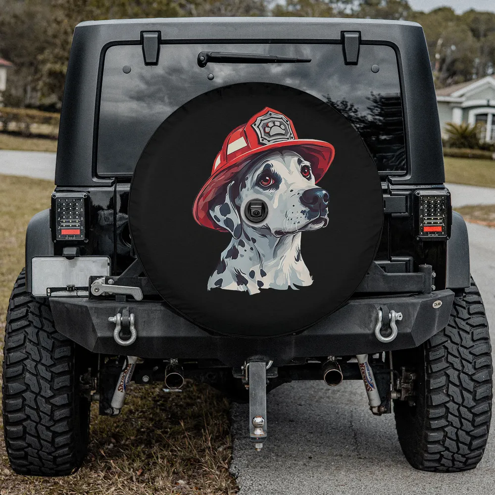 Dalmatian dog in firefighter hat firehouse dog spare tire cover with camera hole