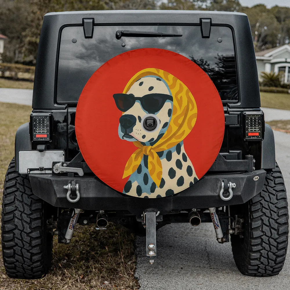 Dalmatian dog sunglasses yellow scarf spare tire cover with camera hole for Jeep SUV RV