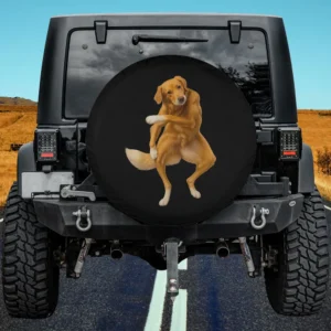 dancing golden retriever meme funny cartoon dog spare tire cover on Jeep