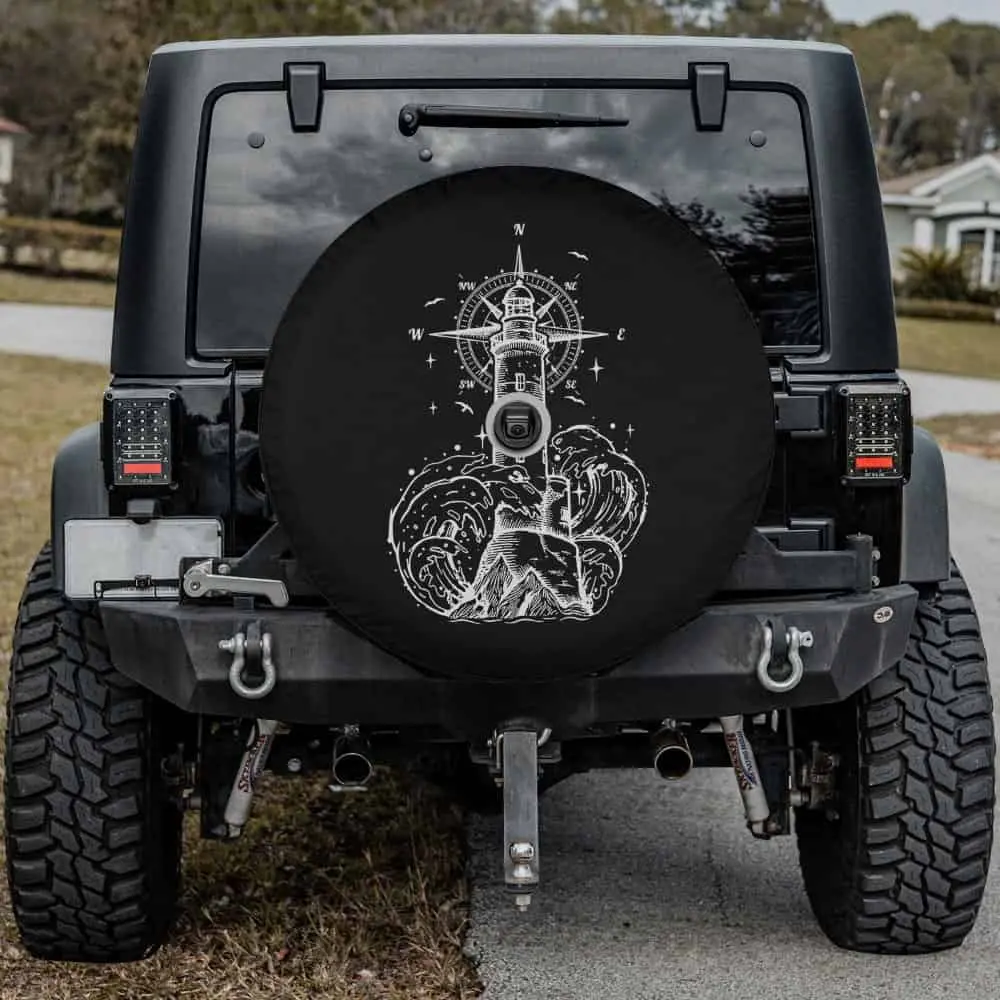 Dark nautical lighthouse waves compass spare tire cover with backup camera hole