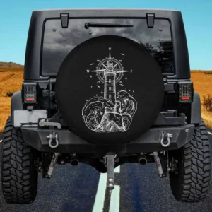 Dark nautical lighthouse waves compass spare tire cover for Jeep, RV, SUV, Truck