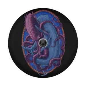 Dark nautical sailors boaters whale fighting octopus design for spare tire cover