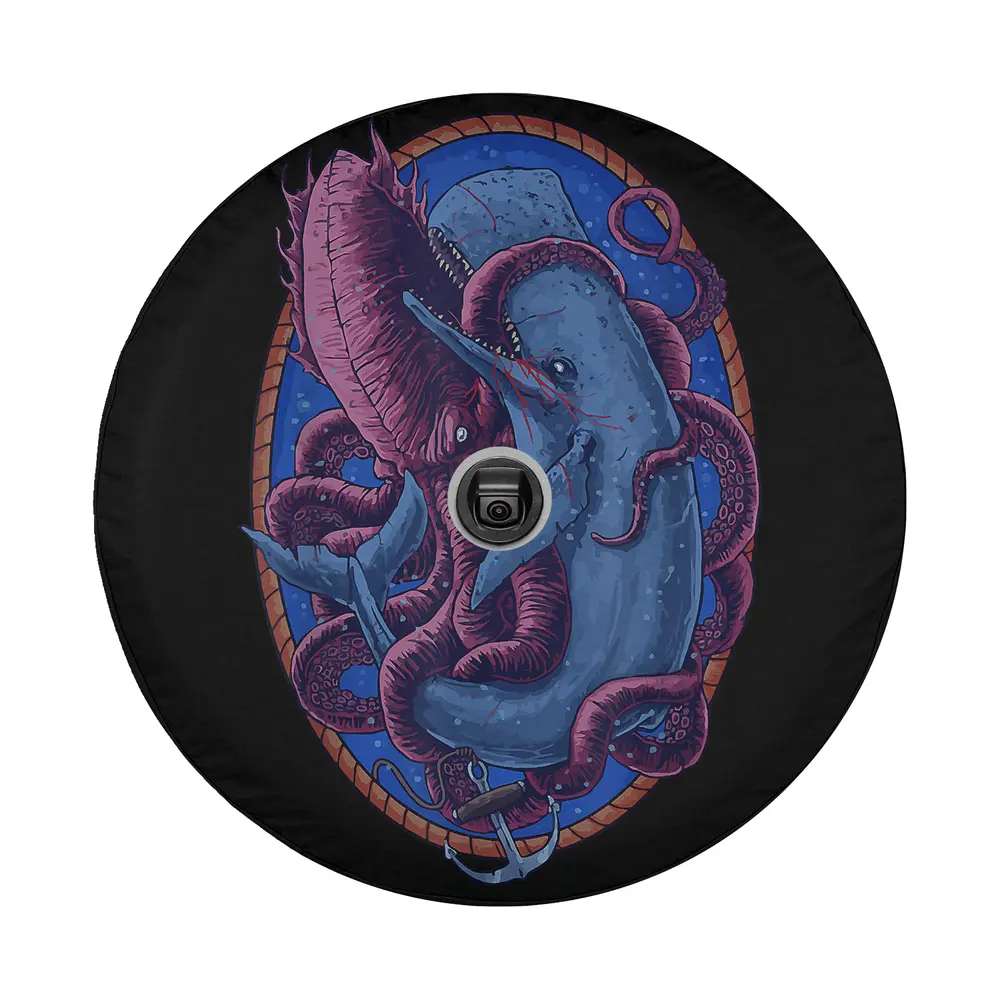 Dark nautical sailors boaters whale fighting octopus design for spare tire cover