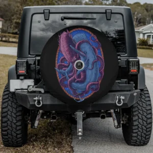 Dark nautical sailors boaters whale fighting octopus spare tire cover with camera hole