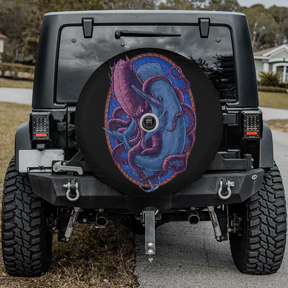 Dark nautical sailors boaters whale fighting octopus spare tire cover with camera hole