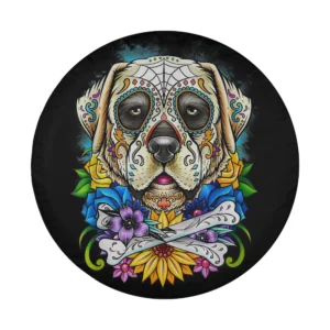 Colorful Dia De Los Muertos Labrador skull floral design for spare tire cover