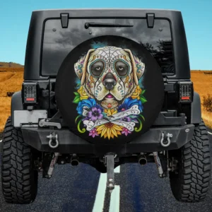 Day of the Dead skull floral Labrador spare tire cover with no camera hole on Jeep