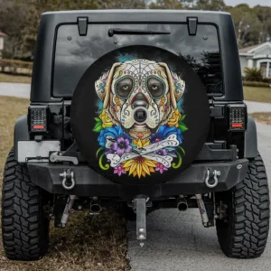 Day of the Dead skull floral Labrador spare tire cover with backup camera hole