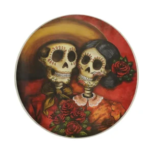 Close-up of Day of the Dead sugar skull couple design on spare tire cover