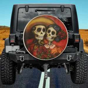 Day of the Dead sugar skull couple spare tire cover without camera hole on Jeep