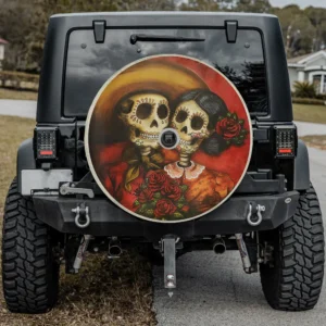 Day of the Dead sugar skull couple spare tire cover with camera hole on Jeep