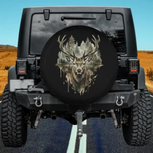 Deer pine forest wilderness nature art spare tire cover for RV, Jeep, SUV