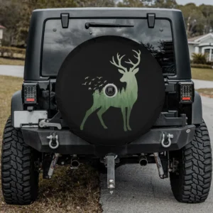 Deer pine trees birds wildlife spare tire cover with backup camera hole for Jeep, RV, 5th wheel